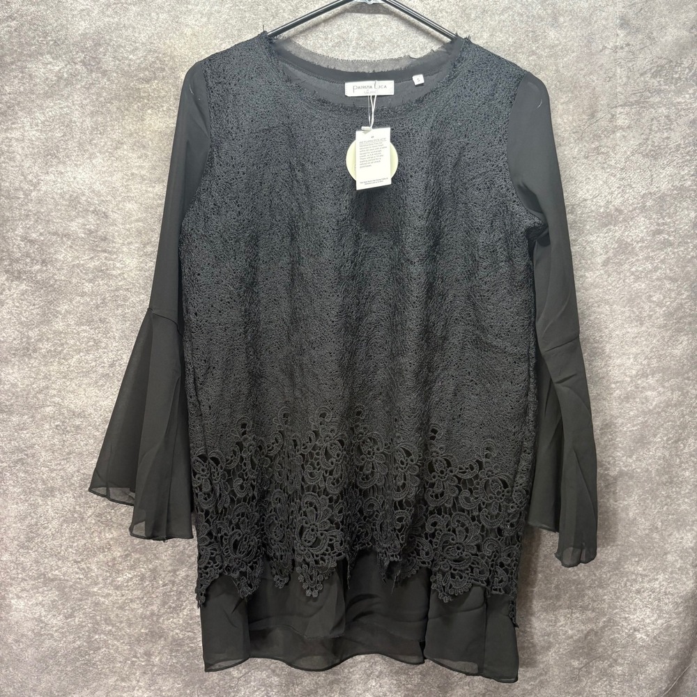 Patrizia Luca Black Floral Lace Bell Sleeve Tunic Top Size S Whimsigoth Witchy